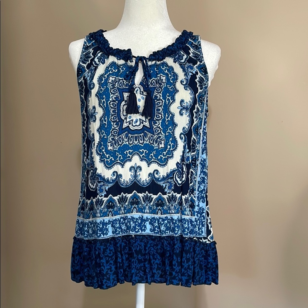 L Bila Blue Sleeveless Tie Front Ruffled Tank Top